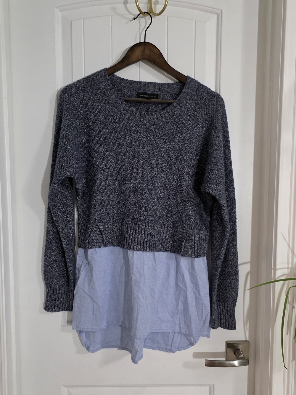 Banana Republic Layered Sweater Shirt | Gray Knit Pullover with Blue Hem | Med - Picture 2 of 11